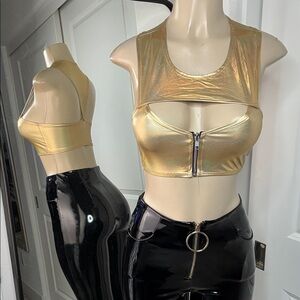 Gold Metallic Crop Top front zipper Xs